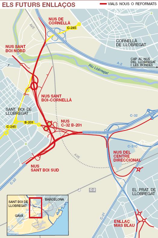 Gr&agrave;fic publicat a EL PERI&Oacute;DICO DE CATALUNYA sobre les properes millores d'enlla&ccedil;os entre les carreteres del Baix Llobregat (20 d'Octubre de 2008)